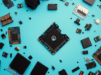 Aufkleber - Minimalist stock photo of an open hard drive, computer components, and flash drives scattered around it on a gradient background with copy space. The color scheme includes blue and brown tones.