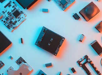 Aufkleber - Minimalist stock photo of an open hard drive, computer components, and flash drives scattered around it on a gradient background with copy space. The color scheme includes blue and brown tones.