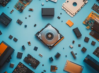 Aufkleber - Minimalist stock photo of an open hard drive, computer components, and flash drives scattered around it on a gradient background with copy space. The color scheme includes blue and brown tones.