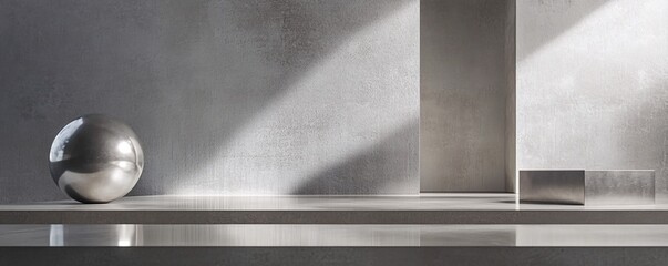 Fototapete - Chrome sphere rests on empty concrete shelf in modern gallery