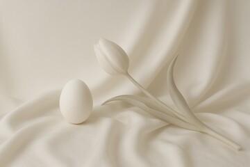 Poster - Single white egg and a delicate white tulip are artfully arranged on a soft, flowing white cloth, creating a serene and minimalist composition