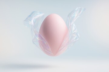 Poster - pastel pink easter egg wrapped in iridescent holographic foil, floating against a soft light blue ba