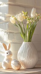 Wall Mural - Easter bunny sitting next to decorated egg and white tulips in vase