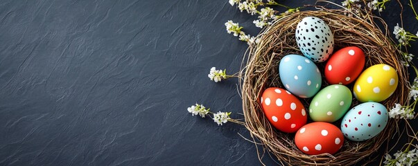 Poster - Colorful easter eggs resting in a nest with spring flowers on dark background