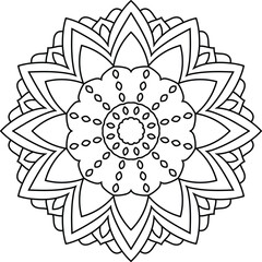 Aufkleber - Intricate black and white mandala with a central circle, radiating symmetrical patterns of petals, leaves, and dots. Clean lines create balance and harmony. A modern take on traditional mandala art