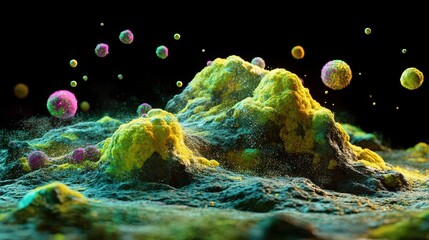 Poster - A 3D alien planet ground with vibrant colors, unknown textures, and floating particles