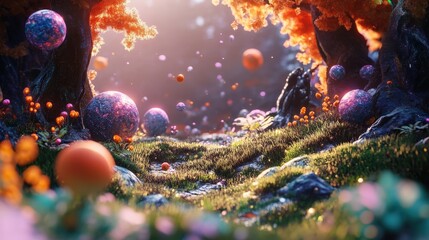 Poster - A 3D alien planet ground with vibrant colors, unknown textures, and floating particles