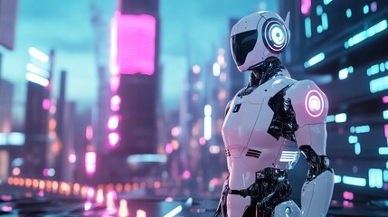 A futuristic robot stands in a neon lit cityscape
