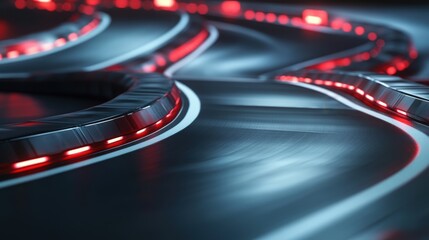 Poster - A 3D futuristic racetrack ground with sleek metallic surfaces and glowing speed indicators