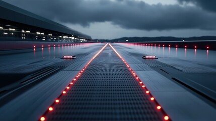 Poster - A 3D futuristic racetrack ground with sleek metallic surfaces and glowing speed indicators