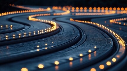 Poster - A 3D futuristic racetrack ground with sleek metallic surfaces and glowing speed indicators