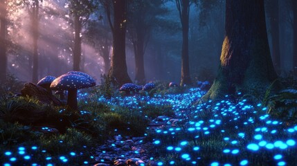 Poster - A 3D mystical forest ground covered with bioluminescent plants and mushrooms