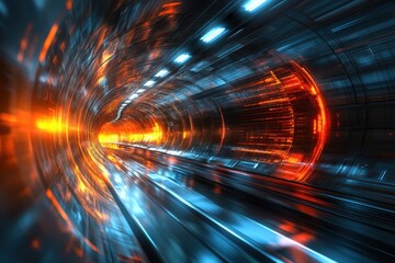 Fototapete - A vibrant digital tunnel with glowing lights and speed effects in a futuristic setting