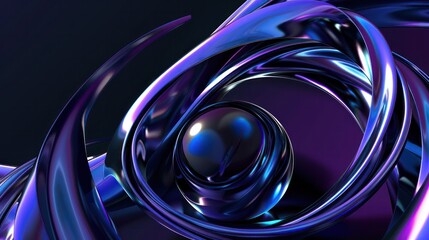 Poster - Abstract dark black gloss swirl background with metallic blue and purple curves, spirals and shiny ball in the center, creating an elegant and futuristic composition sense.