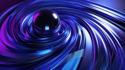 Poster - Abstract dark black gloss round background with metallic blue and purple curves, spirals and shiny ball in the center, creating an elegant and futuristic composition sense.