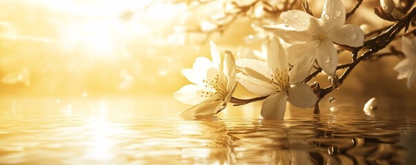 Aufkleber - White magnolia flowers reflecting in golden water at sunset