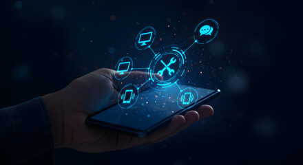 Poster - Hand Holding Mobile Phone with Glowing Network Icons Over Dark Blue Background