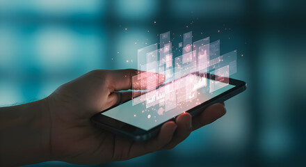 Poster - Hand Holding Smartphone with Abstract Data Visualization in Blue Blurred Background