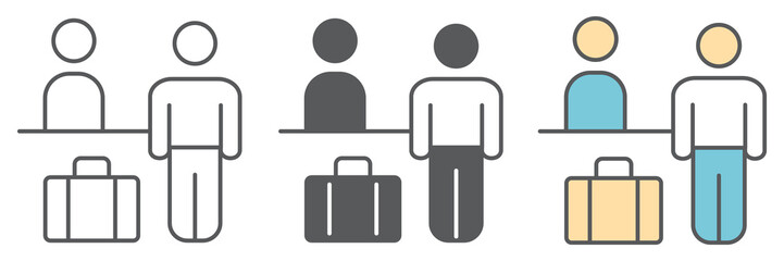 Aufkleber - airport check in icon collection, person with luggage at registration desk, airport reception vector