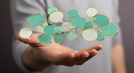 Poster - hand presenting 3d turquoise speech bubbles representing digital communication and social networking