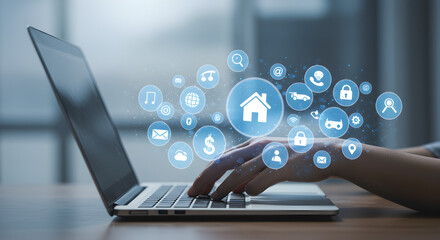 Poster - Hands Typing on Laptop with Glowing Network Icons in Soft Blue Light
