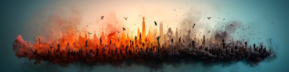Poster - A digital showcasing a surreal futuristic cityscape with a dramatic explosive energy representing the varied frequency and diversity of religious practices
