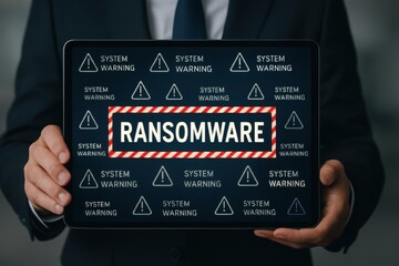 Poster - Digital Warning: A professional holding a tablet displaying a stern warning about 