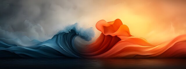 Poster - A dramatic and visually captivating depicting a powerful wave crashing against a vibrant colorful sunset sky creating a mesmerizing and abstract natural landscape