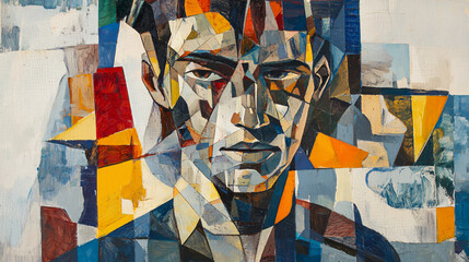 Poster - Cubist-inspired abstract composition of a man's face created from multiple pieces of paper showcasing unique geometric patterns and textures.