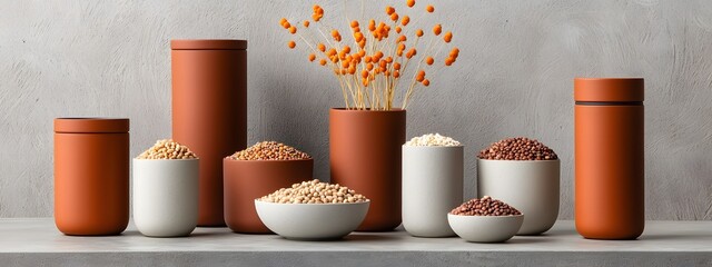 Poster - A minimalist natural light arrangement showcasing an assortment of earthy toned ceramic bowls brimming with an array of dried beans lentils and whole grains