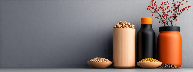 Poster - A minimalist still life display showcasing an assortment of legumes grains and dried produce stored in a collection of rustic handcrafted wooden vessels creating a serene and refined composition