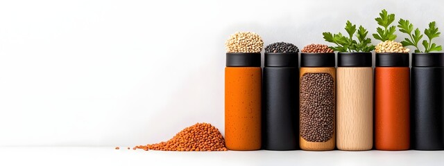 Poster - A refined and minimalist culinary scene featuring an assortment of legumes grains and beans displayed in a natural palette of wooden vessels creating a harmonious and appealing still life composition