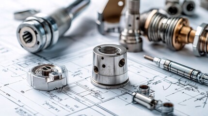 Poster - Mechanical engineering components lying on technical drawing