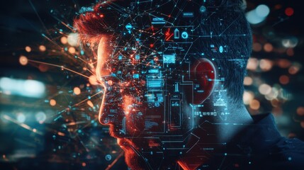Poster - Profile view of a man's face overlayed with glowing red and blue digital data streams set against a blurred cityscape background at night