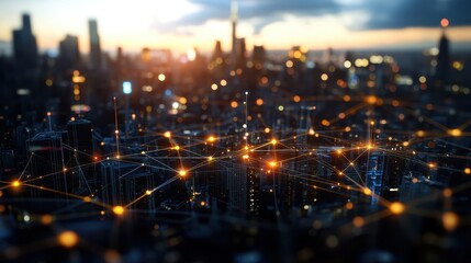 Poster - Stylized cityscape at sunset featu glowing lines connecting buildings symbolizing digital connectivity, smart cities, and the Internet of Things concept