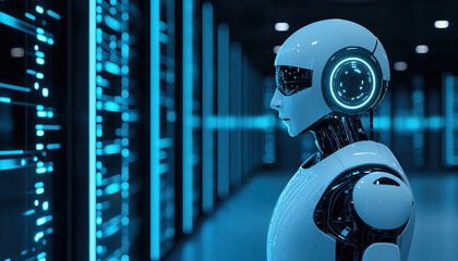 Poster - futuristic robot stands in high tech environment, illuminated by blue lights, showcasing advanced technology and artificial intelligence