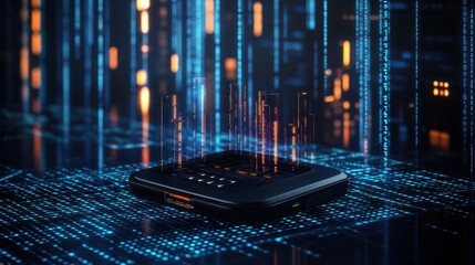 Aufkleber - A futuristic dark-colored technological device on a surface of glowing blue circuitry with streams of cascading orange and blue digital code behind it