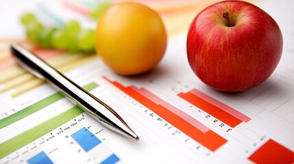 Poster - Nutritionist evaluating food production charts with fruits nearby