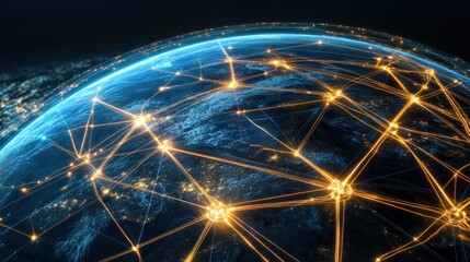 Poster - Stunning night view of Earth illuminated by city lights overlaid with glowing lines illustrating global communication and interconnected networks across the globe