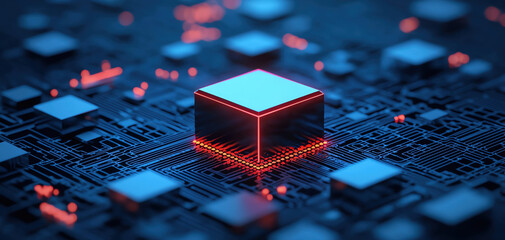 Poster - glowing microchip surrounded by network of circuits, symbolizing advanced technology and innovation in computing