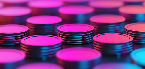 Poster - Vibrant circular objects stacked layers, illuminated with pink and purple hues, creating visually striking pattern. scene evokes sense