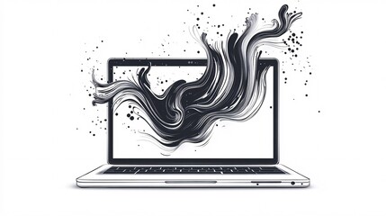 Fototapete - Abstract black ink flowing from laptop screen creating a dynamic visual
