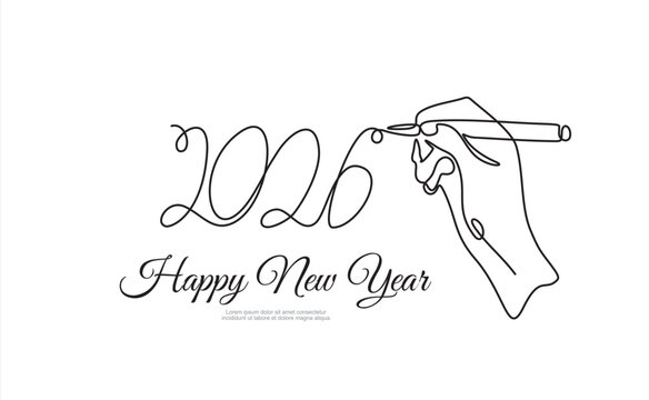 Continuous line drawing of Happy New Year 2026 with a hand holding a pen. Symbolizing new year resolutions and greetings. Hand-drawn illustration for festive themes. Editable stroke. Doodle Vector 