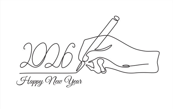 Continuous line drawing of Happy New Year 2026 with a hand holding a pen. Symbolizing new year resolutions and greetings. Hand-drawn illustration for festive themes. Editable stroke. Doodle Vector 