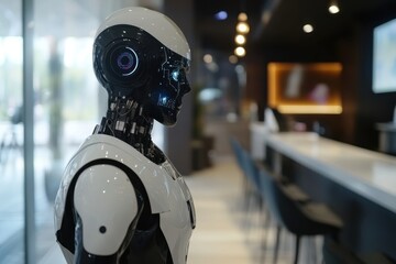 Poster - Robot assistant stands in a modern cafe showcasing advanced technology and design choices