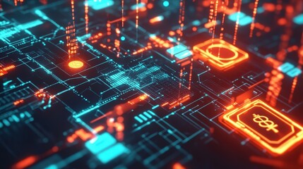 Leinwandbilder - A blockchain-inspired futuristic composition featuring interconnected digital ledgers, smart contracts, and glowing currency symbols