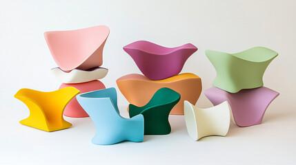Poster - A group of colorful chairs displaying dynamic energetic forms layered with contrasting hues in a stylish and inviting setting.