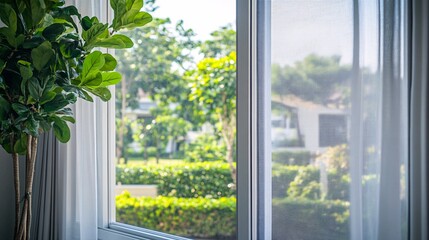 Poster - Green leaves of fiddle-leaf fig tree near window overlooking beautiful garden