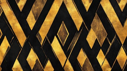 Poster - A bold geometric pattern of repeating diamonds and zigzag lines in a high-contrast black and gold color scheme.