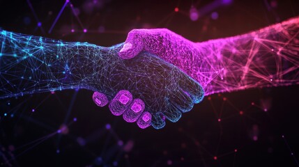 Poster - Stylized interconnected hands in vibrant pink and blue handshake set against a dark background with glowing nodes and lines symbolizing digital unity